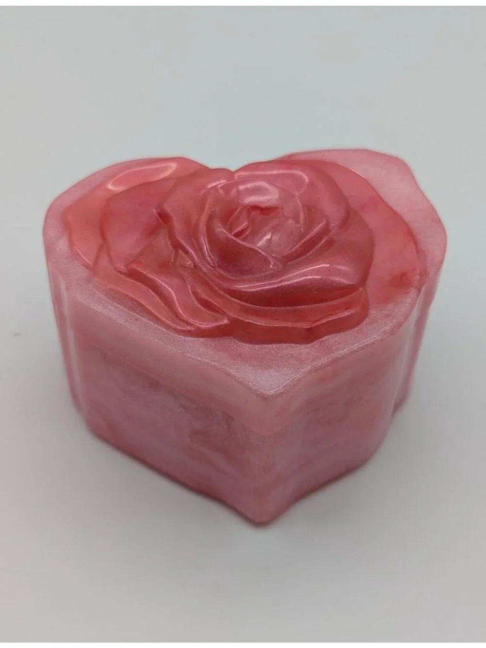 Heart-Shaped Pink Resin Jewelry Box With Rose Design Lid Handmade 3.5